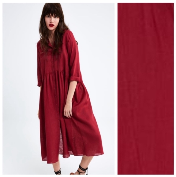 Zara Raspberry Red Linen Midi Dress - Picture 2 of 7
